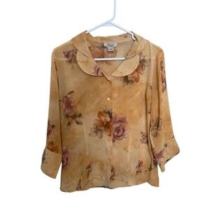 VTG Women Floral Button Front Collared Sheer Polyester Blouse Mustard Sz M